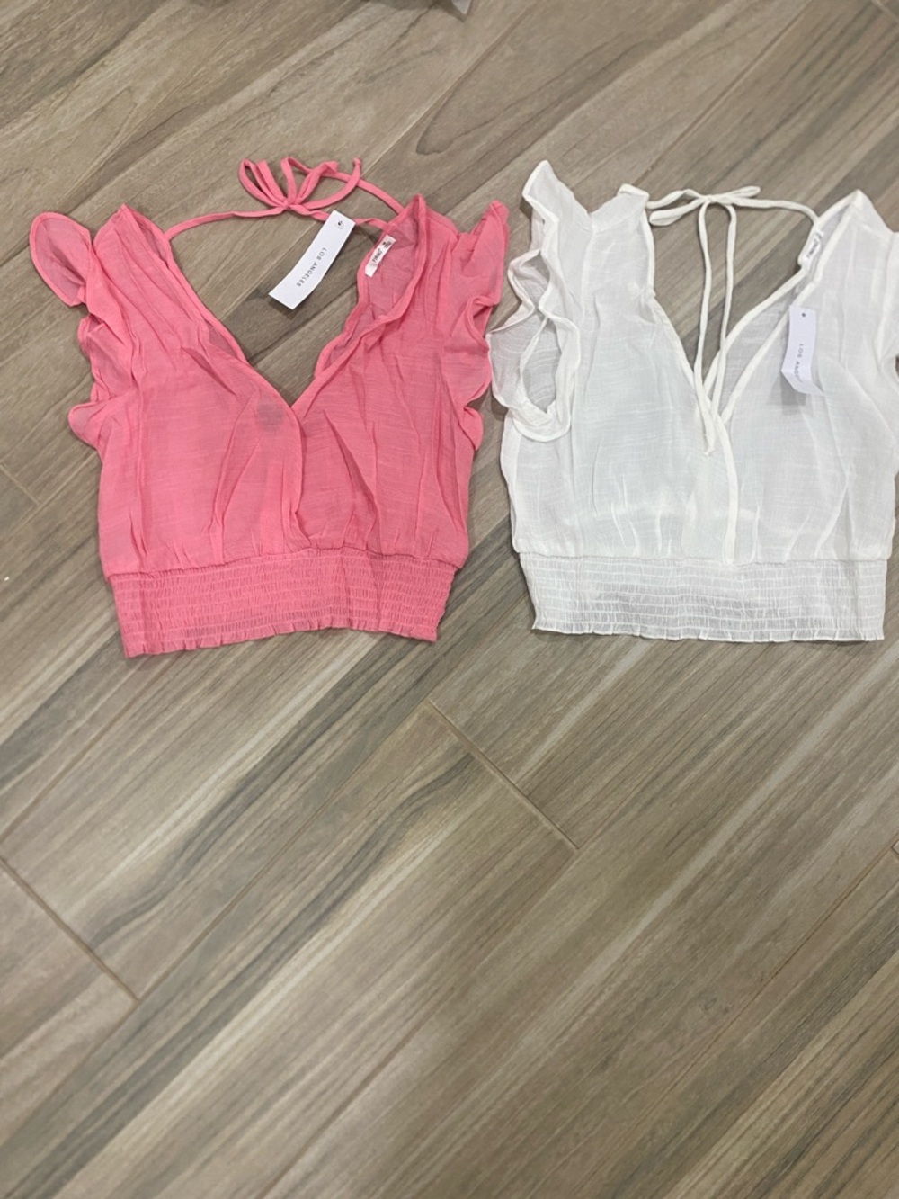 Timing Pink and White Ruffle V-Neck Smocked Crop Tops